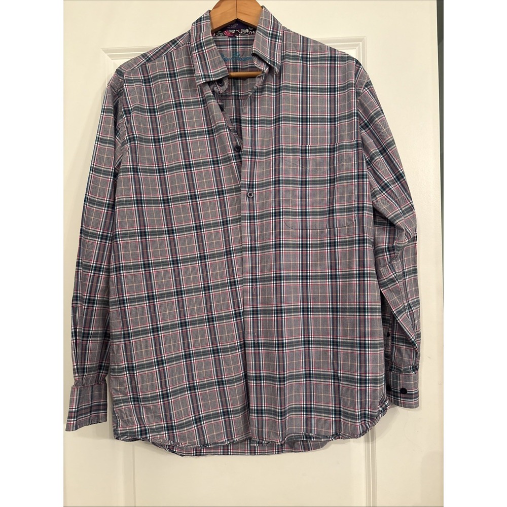 Alain Flusser Men's Button-Down Shirt Size Large Red White Green Plaid